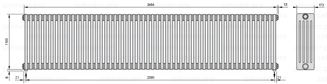 Схема (чертеж) Радиатор Zehnder Charleston 5110/54 №3570 Белый глянцевый RAL 9016